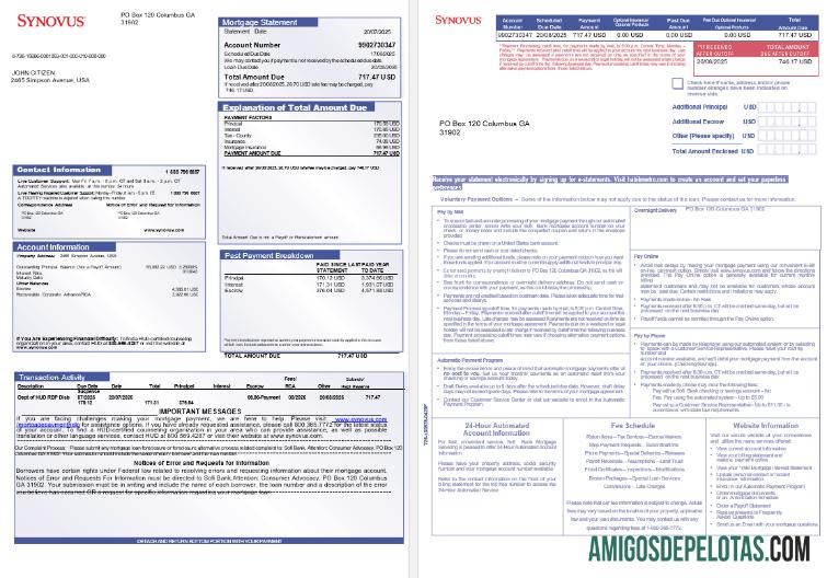 Extrato de hipoteca do Synovus Bank dos EUA em formatos Word e PDF, 3 páginas 1 2 amostra